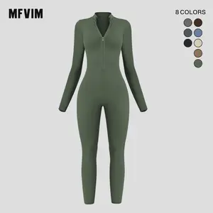 Women's Solid Color Zippered Long-Sleeve Sports Jumpsuit - Covered Bust, Stretchable Athletic Style Activewear for Yoga, Gym, All-Season Workouts, Covered Bust Jumpsuit
