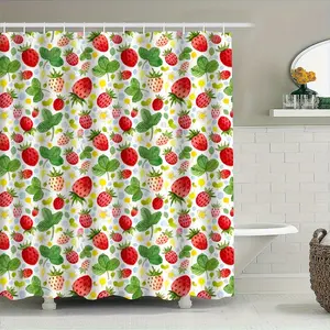 HOT 1pc Strawberry Leaves Print Bathroom Shower Curtain  Durable And Machine Washable Bath Divider With Fruit Pattern  Polyester Woven Privacy Curtain With 12 Hooks  All-Season Bathroom Decor