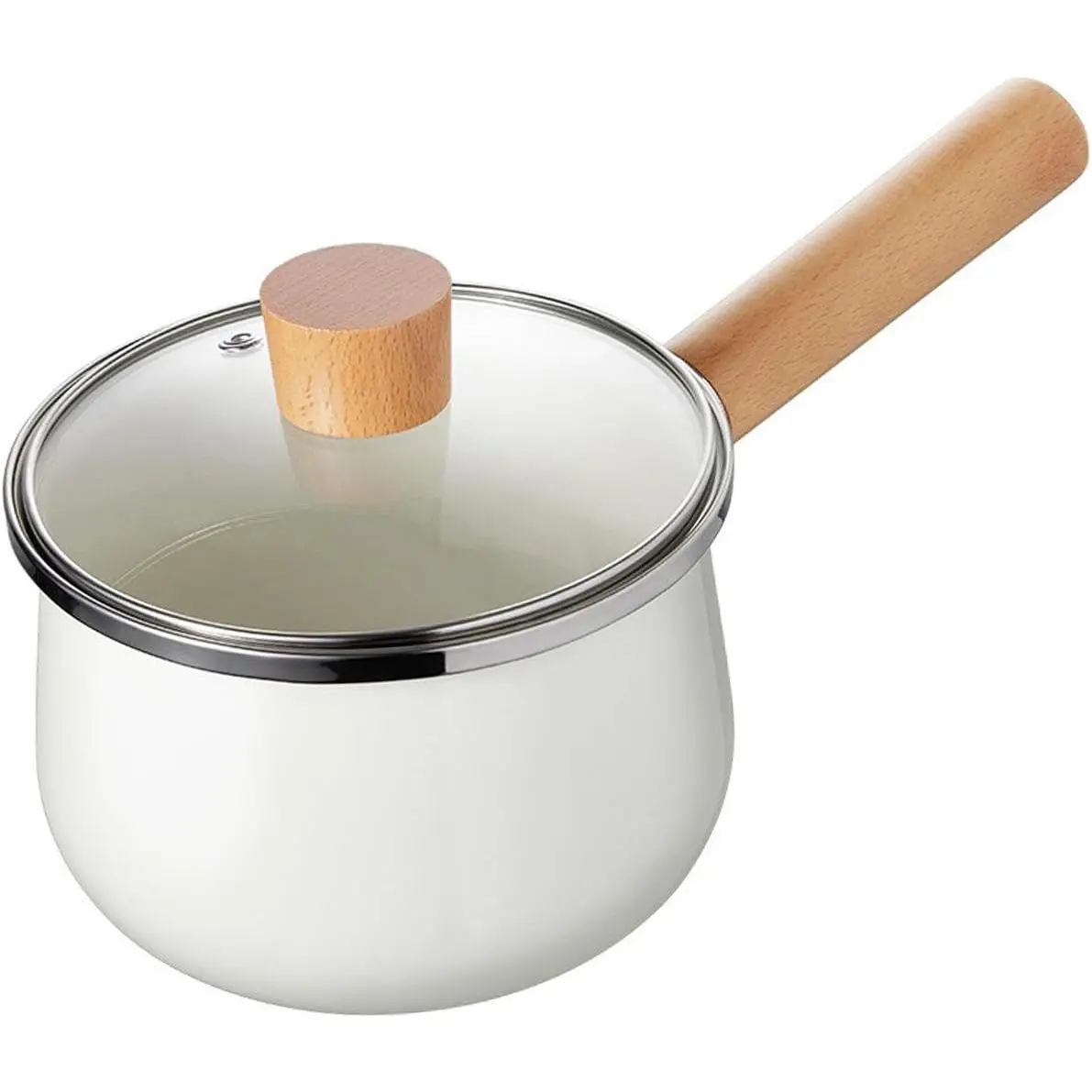 6.3 Inch Enamel Cast Iron Milk Pan with Lid - Non-Stick, Anti-Yellowing Thermal Cookware, Wooden Handle Kitchen Utensil for Cooking Complementary Food, Ideal Housewarming Gift (White)