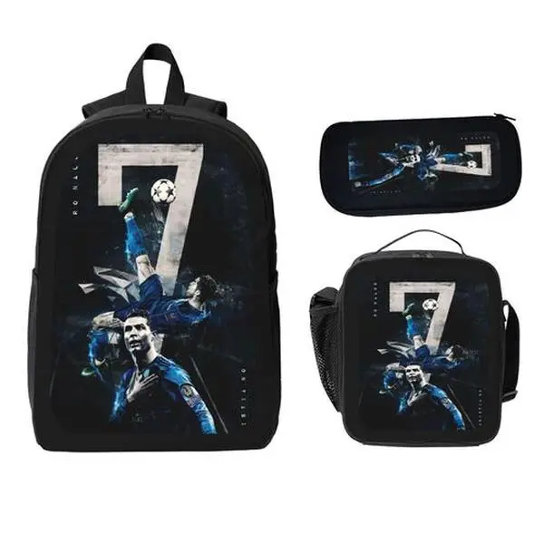 Ronaldo #7 Graphic Player Print Soccer Backpack Set with Lunch Box, Pencil Case - Stylish Casual Daypack, Lightweight Travel Knapsack