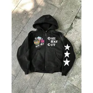 Hypemode Men's Front Zipper Long Sleeve Letter Print Pocket Casual Hooded Sweatshirt, Minimalist Design Going Out Vintage Graphic Zip-Up Hoodie, For Friends, Husband, Boyfriend Gifts men  clothing Tops Streetwear sleeveless  hoodies