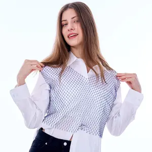 Blue Shiny Tulle Mesh Women's Sexy Hollow Straw Top  Womenswear Fashion Crystal
