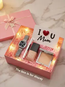 Mother's Day Watch Makeup Set, Lip Liner, Long-Lasting Foundation, Transparent Powder, Cool Dial, Metal Strap, Gift Box Packaging