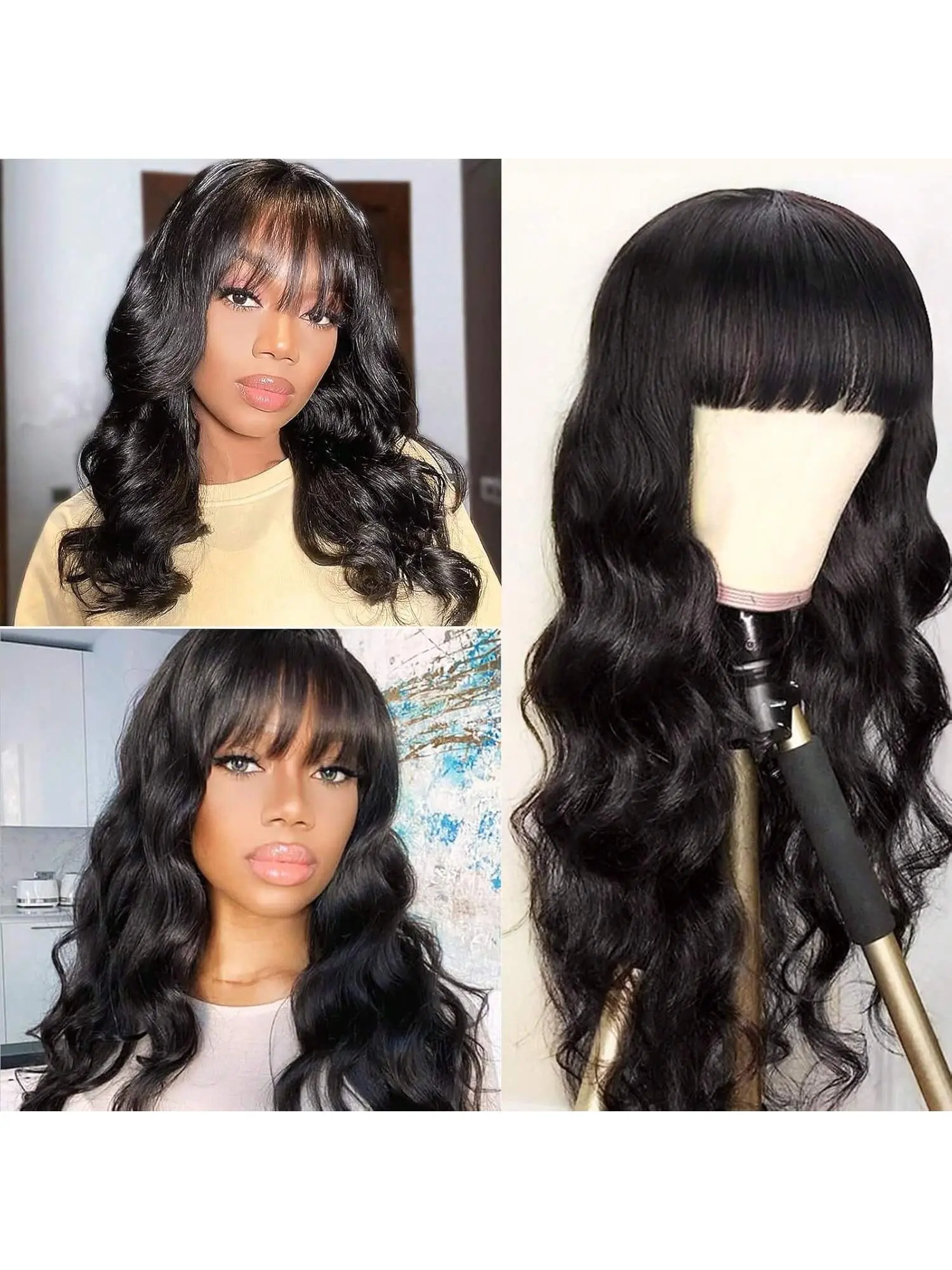 Wavy Curly Short Human Hair Wig with Bangs Lightweight Glueless Daily Use 8 Inch Short Natural Human Hair Pixie Cut Wig, Glueless  main image 2