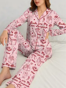 Books Are My Love Language Satin Pajama Set, Book Lover Valentine Sleepwear, Cozy Bookish Pajamas Gift