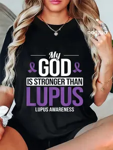 100% Cotton My God Stronger Than Lupus Lupus Awareness SLE Purple Ribbon T-Shirt Christ Christian Tops