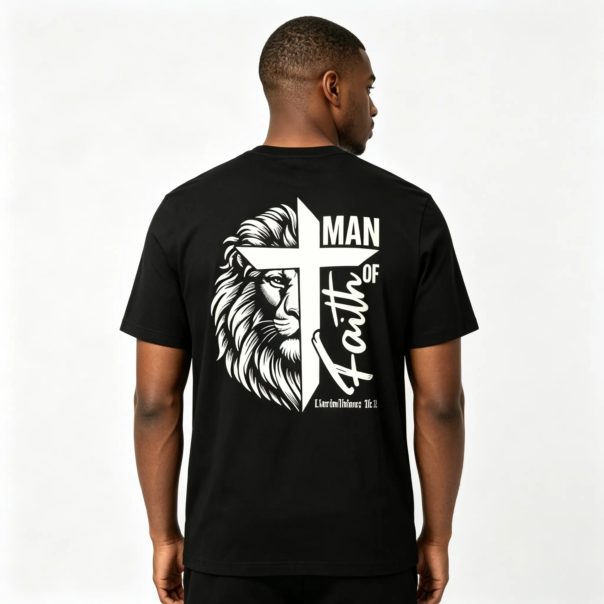 Unisex Black Short Sleeve Top with Large Back Print Featuring Lion and Cross, Elegant Script "Man Of Faith" Bible Quote Religious Graphic Tee, Versatile Daily Casual Outfit, Ideal Meaningful Present for Male Christian Believers digital t-shirt