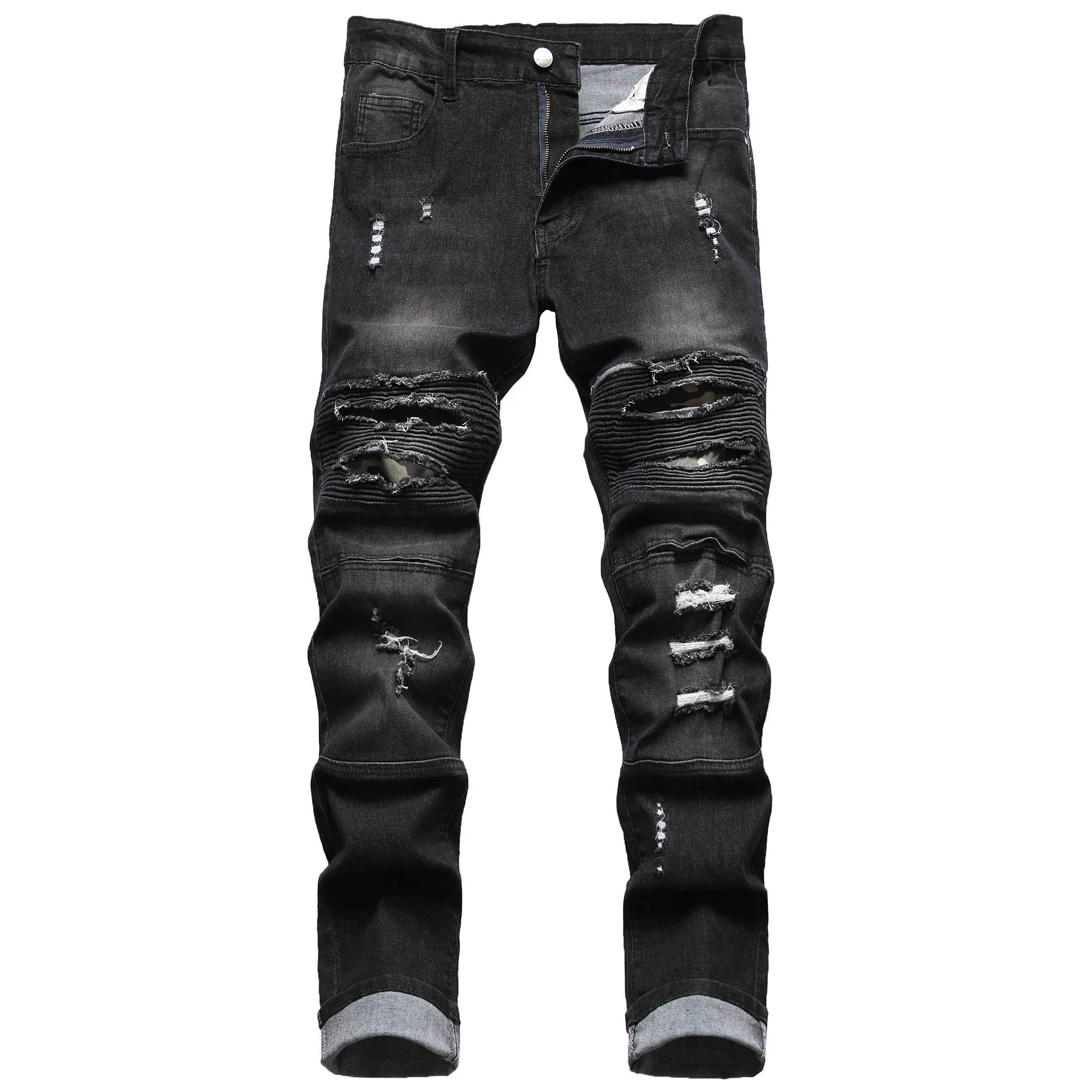 Men's Black Cotton Mid-Waist Ripped Skinny Jeans, Elastic Waistband for Fitted Look, All-Season Menswear Pants