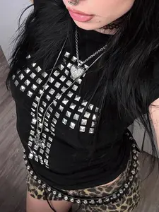 Women's Fitted Short Sleeve T-Shirt, Gothic Punk Rock Hip Hop Geometric Design, Metal Rivets, Fashion Casual Chic Fitted Basic Top, Y2K Style, Womenswear, Streetwear