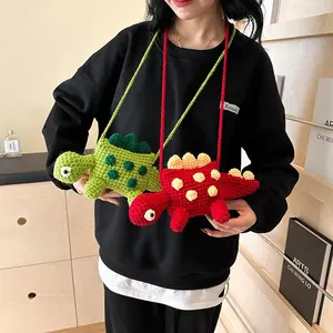 [Everyday Comfort] Adorable Green Dinosaur Crochet Messenger Bag  Cute Knitted Handbag & Coin Purse for Youngsters and Adults, Soft Fabric with Polyester Lining, Hand Wash or Dry Clean Only, Youngsters Messenger Bag | Playful Handbag | Gree