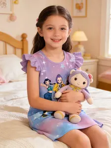 Children's demon hunter clothing sleepwear, cartoon printed pleated sleeve dress, home wear princess skirt printed nightgown, printed clothing children's flying sleeve ruffled nightgown