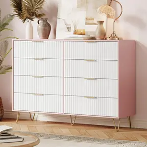 Garvee Modern Fluted Wood Dresser with 8 Drawers, 55" Wide Chest of Drawers Featuring Metal Handles, Multi-Functional Wooden Storage Organizer for Bedroom, Closet, Living Room, and Hallway in Pink