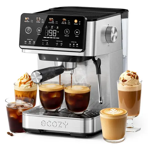 ecozy 4-in-1 Espresso Machine with Milk Frother, LED Touch Screen, 20 Bar Pump Espresso Maker, 50oz Removable Tank, Compact Stainless Steel, Drip Coffee, Cold Brew and Over lce Coffee Machine for Home Coffee Bar, Office, Latte, Cappuccino, Macchiato