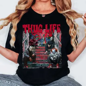 Thug Life Horror Movie Halloween Shirt, Movie Killer Shirt, Scary Halloween Shirt, Retro Halloween Shirt, Spooky Season, Spooky Vibes, Horror Friends Shirt, Halloween Vibes Shirt, Vintage Trendy Casual Shirt For Halloween Party Top Womenswear