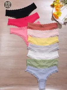 Women's Lace Patchwork Comfortable Thongs, 10 Pieces, Casual Elegant Underwear, Stylish Underwear for Everyday Wear, Soft and Breathable Fabric, Soft Breathable Panty, Trim Lace Panty, Breathable Comfy Innerwear