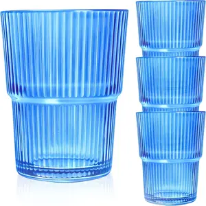 Blue Ribbed Glass Set of 4 14oz Highball Glass Stackable  Durable for Water, Seltzer, Sparkling, Elegant Everyday Glassware