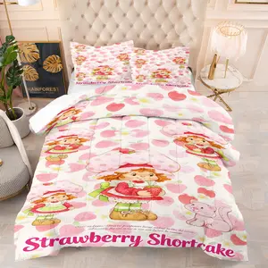 Strawberry Shortcake Theme Quilt Set,Suitable for Bedroom Decoration Bedding Set for Women and Girls,Including 1 Quilt and 1 or 2 Pillowcases Without Pillows,Suitable as a Gift for Family or Friends,Patriots,Soft and Warm Bedroom Decoration