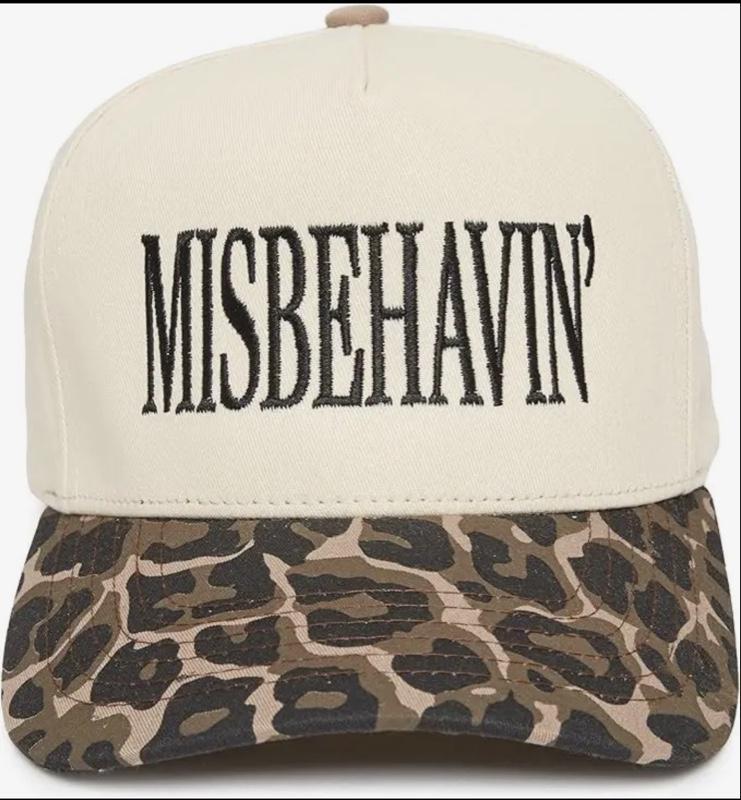 Misbehavin' Leopard Print Baseball Cap with Bold Lettering and Unique Design