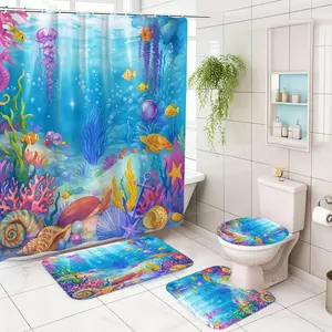 Bathroom Full Set Accessories Kit, Includes Shower Curtain, Bath Mat, Toilet Seat Cover & Hooks, Ideal Holiday Gift, Home Decor, Bathroom Decoration Accessories