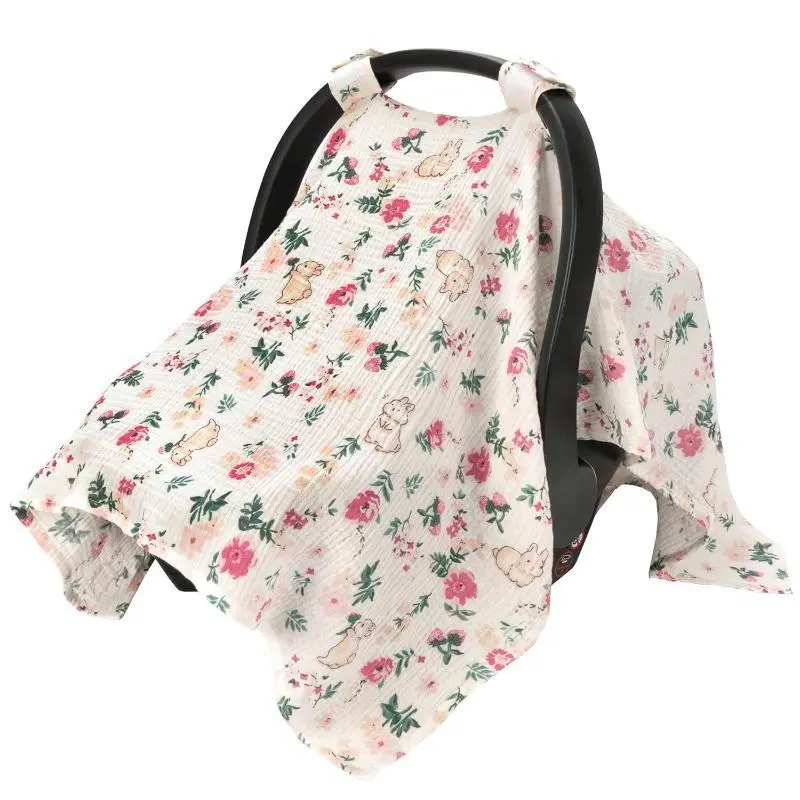 Soft Texture Bunny Flowers Cotton Muslin Stroller Sun Shade, Breathable Canopy for Sun Protection & Privacy, Fade-Resistant, Machine Washable All-Seasons Stroller Cover, Stroller Accessories Sunshade Decoration
