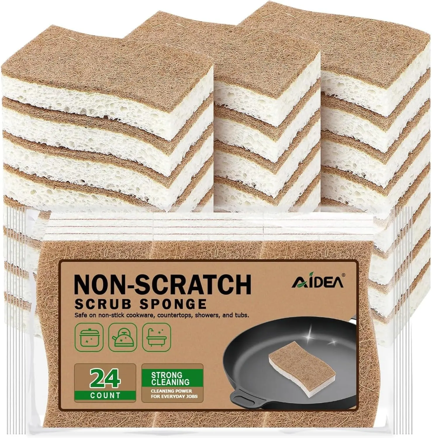 AIDEA Sponges Non Scratch, 24Count, Natural Sponge for Non Stick Cookware | Sponges Kitchen, Cellulose Scrub Sponge for Dishes, Cleaning Power for Kitchen, Bathroom, Household