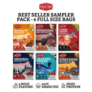 FIELD TRIP BEEF JERKY - Best Seller Sampler Pack - Grass Fed Beef -  6 Bags - 8-10g Protein - 6 Flavors - Mandarin Orange - Gochujang - Carne Asada - Original - Cracked Pepper - Everything Seasoning