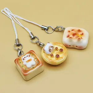 Cute Japanese Style 3D Resin Cat Pendant, Kawaii Toast Keychain, Tassel Charm for Bags and Car Accessories