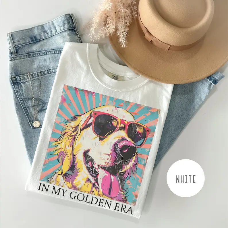 Women's Retro Graphic Print Short Sleeve Cotton T-Shirt - Golden Retriever 70s Era Design, Comfort Colors, Machine Washable, Gift for Dog Lovers, Eras Tour Gift, Retro Look