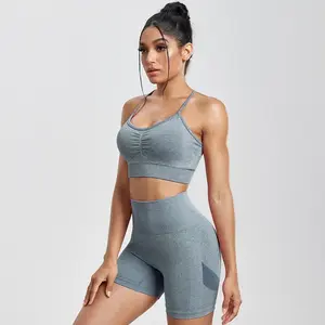 two-piece set woman  Solid Women Two Piece Sets Peach Buttocks Shorts Female Trackuists Gym Set Halter Fitness Shorts Push Up Bra Summer