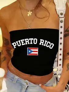 Women's Puerto Rico Flag Print Strapless Tube Top, Y2K Aesthetic Slim Fit Crop Top, Summer Streetwear, Casual Party Beach Outfit, Bandeau Top, Soft Stretchy Fabric, Puerto Rico Pride, Vacation Essentials, Festival Outfit, Versatile Outfit Piece