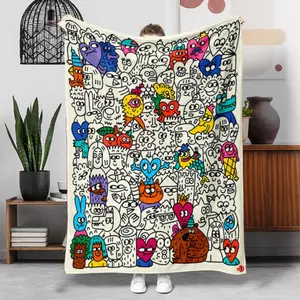 Colorful Doodle Monster Blanket, Soft Flannel Throw Blanket with Cute Cartoon Monster Character Print, Cozy Gift for Kids Boys Girls Teens and Art Lovers, Fun Creative Room Decor for Bed Couch Sofa Bedroom Dorm, Lightweight Warm Blanket