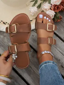 Women's New Deep PU Vintage Button Decor Sandals, French Vacation Casual Soft Slippers, Breathable Round Toe Flats