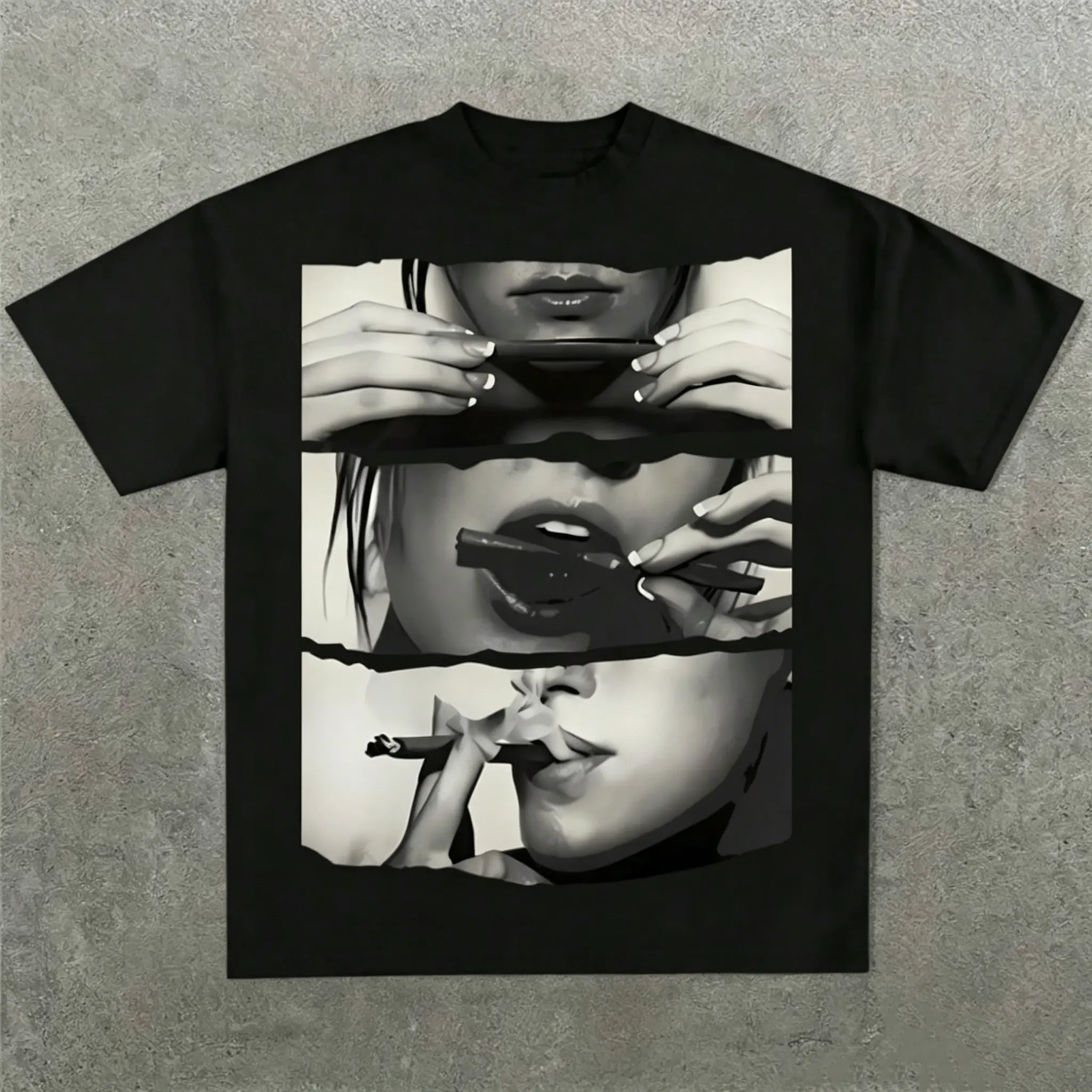 Retro Spliced Photo Print Tee| Dark Aesthetic Y2K Urban Streetwear Casual Top,tshirt