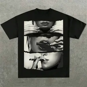 Retro Spliced Photo Print Tee| Dark Aesthetic Y2K Urban Streetwear Casual Top,tshirt