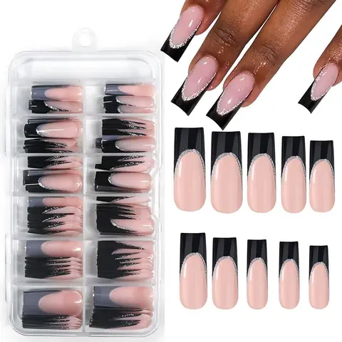 Long Square Fake Nails, 120pcs/box Black French Tip False Nails, Natural Skin Tone Acrylic Nails Press on for Women Girls Artificial Fingernails Nail Kit Set, Nail Art Design, Nail Art Products