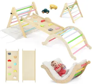 JOYMOR 9-in-1 Pikler Triangle Set with Cushion (Large), Montessori Wooden Climbing Set for Toddlers with Colorful-Patterns Rocks, Seesaw, Arch, Foldable Ladder, Ramp, Toddler Climbing Toys Indoor