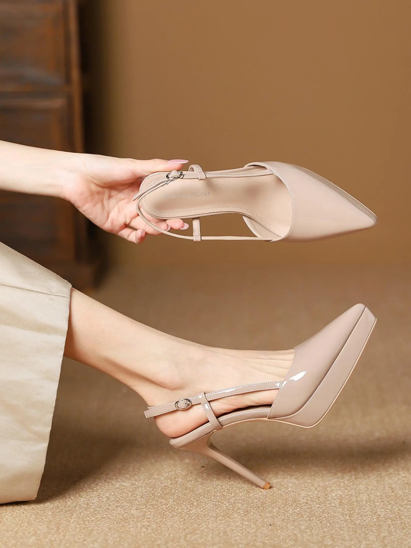 Women's Sexy Stylish Stiletto High Heels, Pointed Toe PU Leather Platform Shoes, Party Footwear, Spring & Fall Fashion, Waterproof Backless Design, Medium Shoe Width, Pointed Toe Pumps