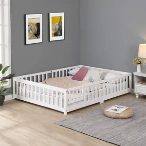 full Size Floor Bed with Door,Solid Wood Platform Bed Frame with Fence,Suitable for children,Pine Wood,White