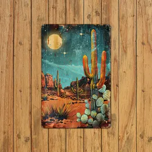 Artistic Vintage Desert Cactus Metal Sheet Sign - Durable Iron Wall Art, Waterproof Weatherproof Home Decor Plaque for Home, Bar, Farmhouse & Outdoor Use