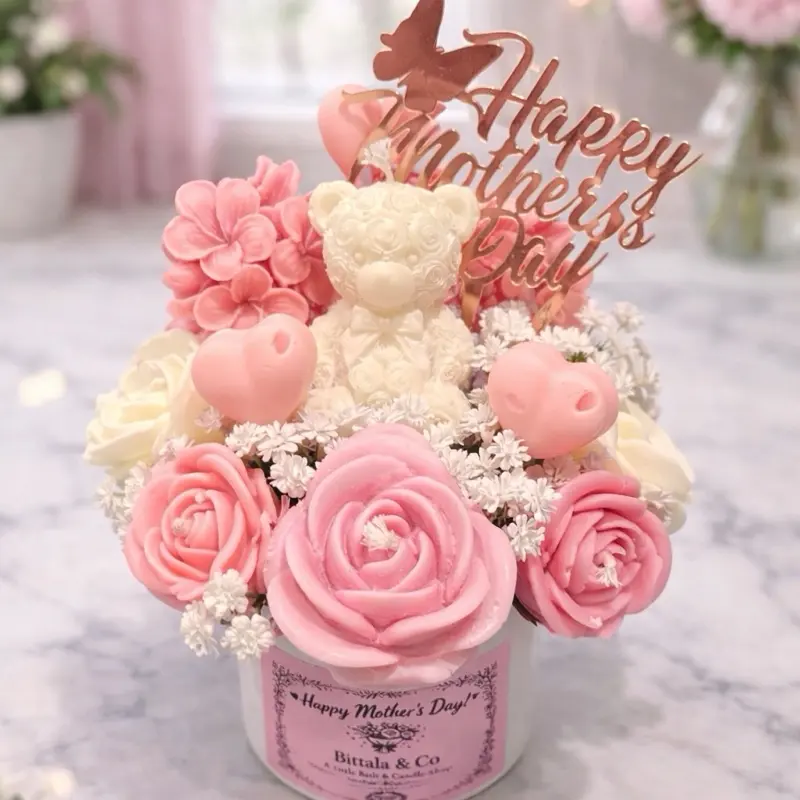 Bittala & Co. Mother's Day Teddy Bear Flower Bouquet with Pink Roses and Heart-shaped Decorations for a Special Gift