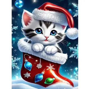 1PC  Diamond Painting Christmas Cute Kitten Diamond Painting Kit, DIY Full Drill Rhinestone Embroidery Craft, Xmas Stocking Themed Handmade Decor for Home Wall and Holiday Gift