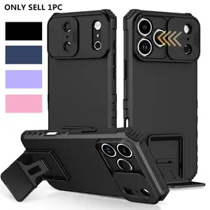 Luxury Slide Protective Lens Kickstand Armor Phone Case for iPhone 17 16 15 14 13 Pro Max Shockproof Back Camera Protector Cover Phone Cover Casing