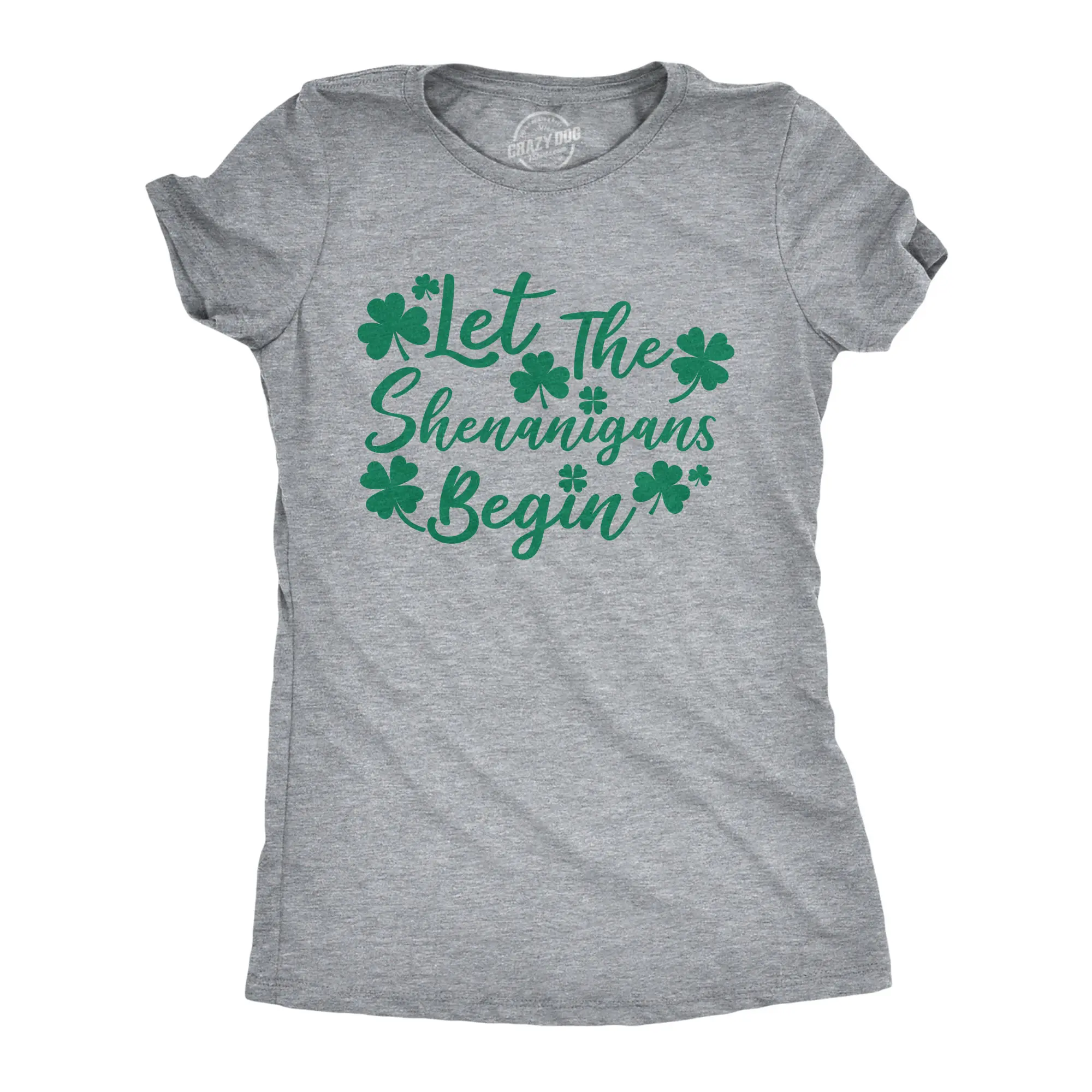 Womens Let The Shenanigans Begin Funny Saint Patricks Day Saying T-Shirt Clover Funny Womens T Shirts Cute Vintage Fashion Casual Ladies T-Shirt Gift Saint Patrick's Day Tops for Women Women's Novelty Tees Light Grey