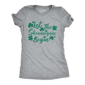Womens Let The Shenanigans Begin Funny Saint Patricks Day Saying T-Shirt Clover Funny Womens T Shirts Cute Vintage Fashion Casual Ladies T-Shirt Gift Saint Patrick's Day Tops for Women Women's Novelty Tees Light Grey