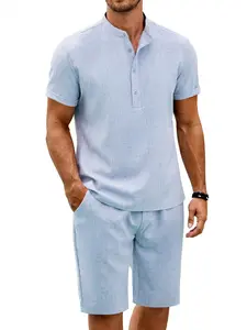 COOFANDY Men's 2 Pieces Set Short Sleeve Henley Shirts and Shorts Pants Texture Summer Beach Vacation Outfits