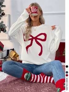 Sweet and Cute Casual Loose-Fitting Long Sleeve Round Neck Sweater for Valentine's Day, Butterfly Pattern Knitwear for Fall & Winter