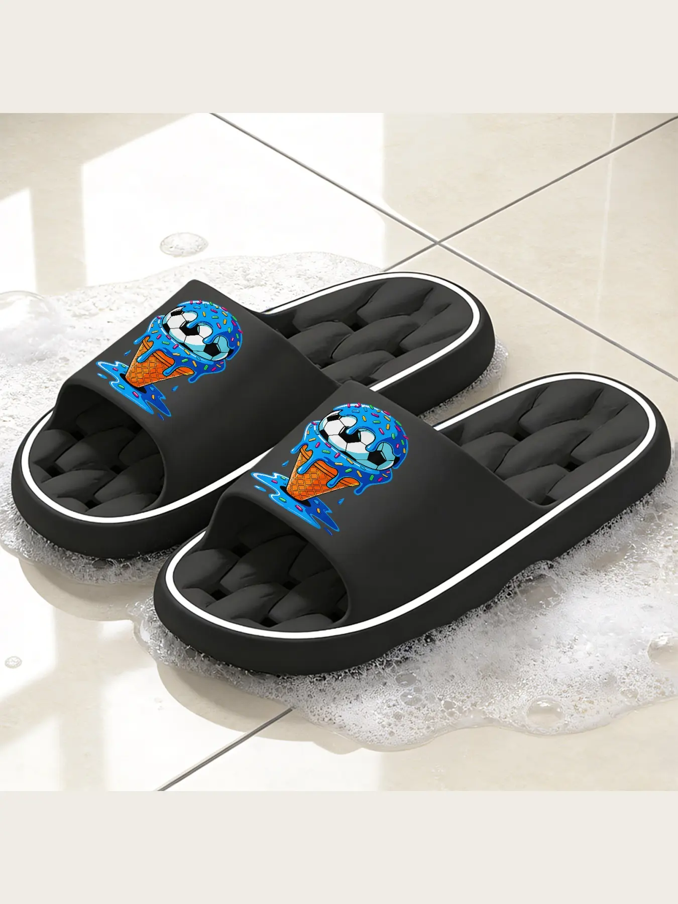 Soccer Ice Cream Slides for Men Women Boys Girls, Stylish Pop Art Blue Melting Sprinkle Print Non-Slip Soft Sole Slide Sandals, Casual Lightweight Open Toe Slip On Slippers for Indoor Shower Outdoor Beach Pool Walking