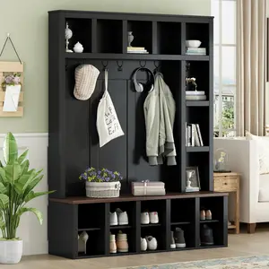 Farmhouse Wooden Hall Tree with 6 Hooks, Walnut Storage Bench with Adjustable Shelves,  4-in-1 Entryway Shoe Cabinet with Cubbies for Mudroom, Living Room, Black, 76.7"H (OLD SKU: N721S000044B)