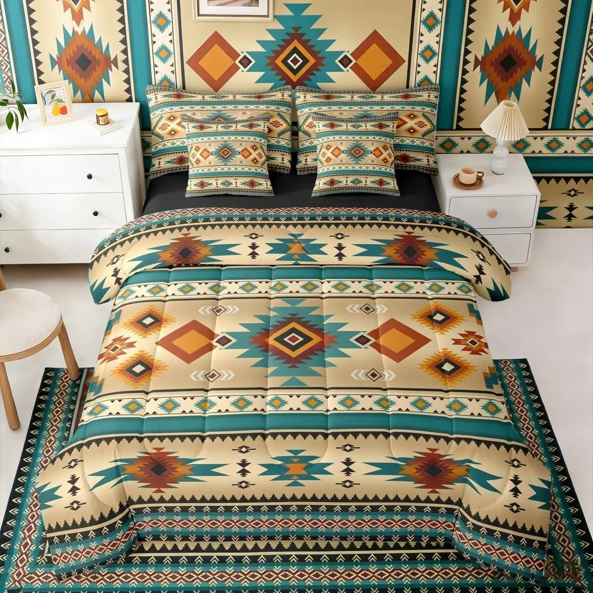 Cowboy Black Orange Blue Aztec Comforter Bed Set,7 Pieces Southwestern Tribal Bed Bag,Farmhouse Cowgirl Bed Set,Adults Bohemian Bedding