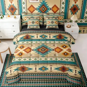 Cowboy Black Orange Blue Aztec Comforter Bed Set,7 Pieces Southwestern Tribal Bed Bag,Farmhouse Cowgirl Bed Set,Adults Bohemian Bedding